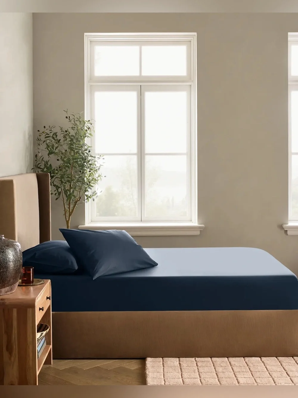New Quince Organic Crisp Percale Fitted Sheet Set King $80 Navy